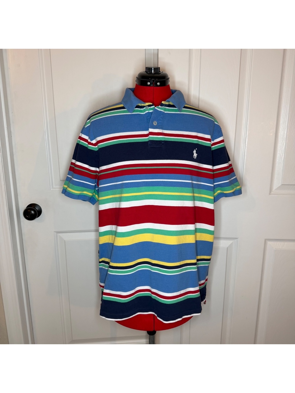Polo Ralph Lauren Short Sleeve Primary Color Striped Collared Polo Shirt Men L